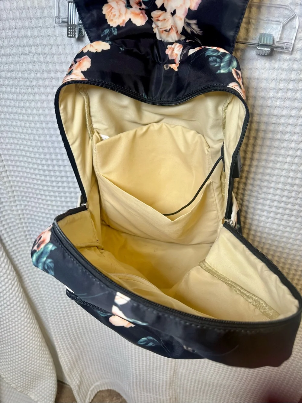 Floral USB Charging Tech Backpack Black with Peach Roses